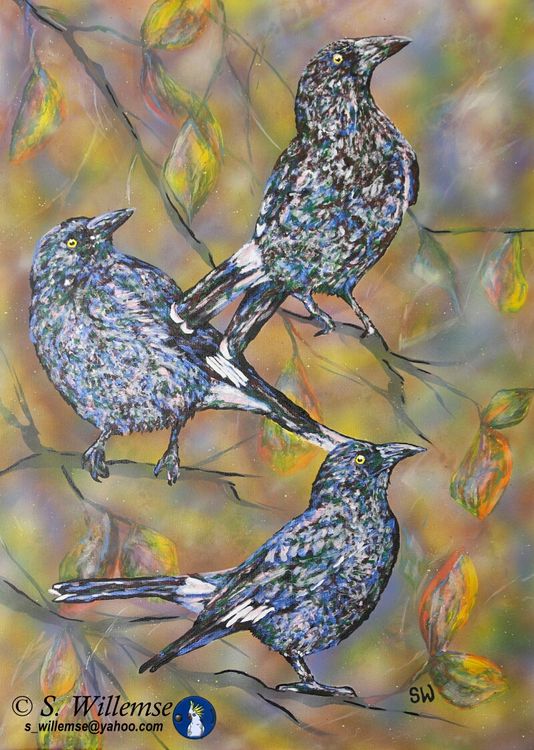 Currawongs and autumn leaves by Susan Willemse - search and link Fine Art with ARTdefs.com