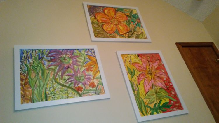 Anti S. A. D. 1,2, and 3 (displayed as a trio wall brightening group) by Susan Royer - search and link Fine Art with ARTdefs.com