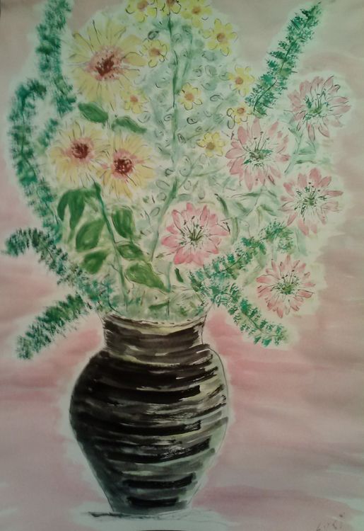 Black vase Pink Flowers by Susan Royer - search and link Fine Art with ARTdefs.com